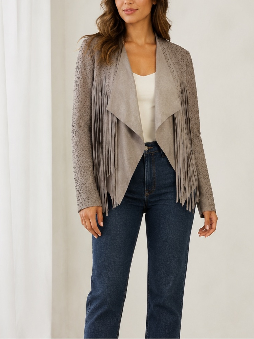 bebe Gray Suede Leather Fringe Laser Cut Draped Jacket Size S